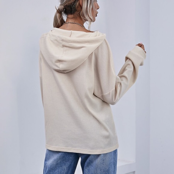 Button up oversized waffle long sleeve hoodie top - Picture 10 of 11